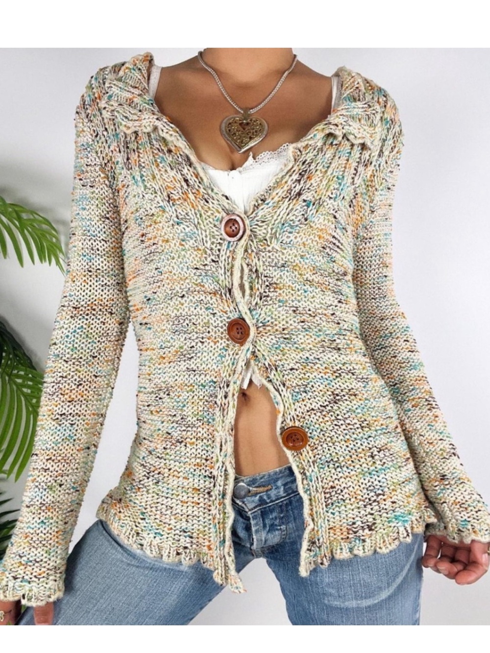BCBGMAXAZRIA Womens Multicolor Boho Cardigan Sweater Size Large Button Front